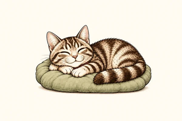 UCO, the tabby cat guide, resting on a sage cushion