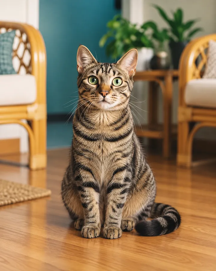Editorial illustration of a tabby cat, with paws and tail visible
