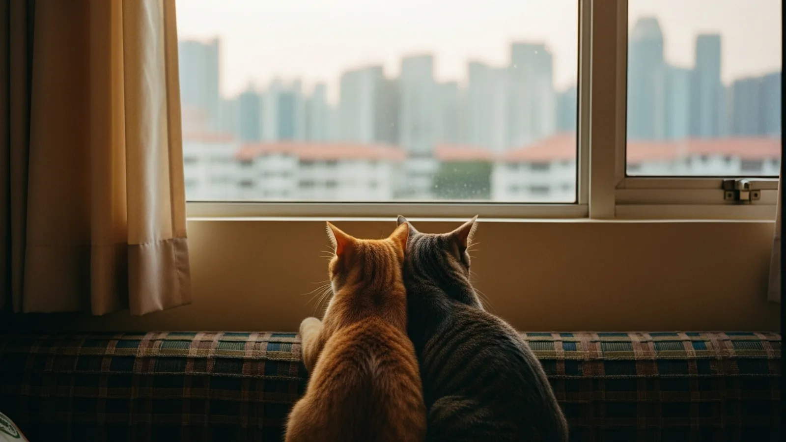 Editorial illustration: A cat looking through a closed window at nearby flats